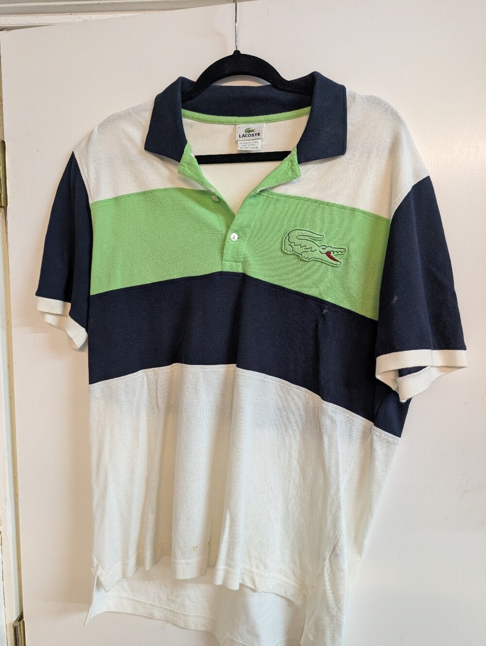 Vintage Lacoste Men's Striped Polo in Green, Navy & White S 5